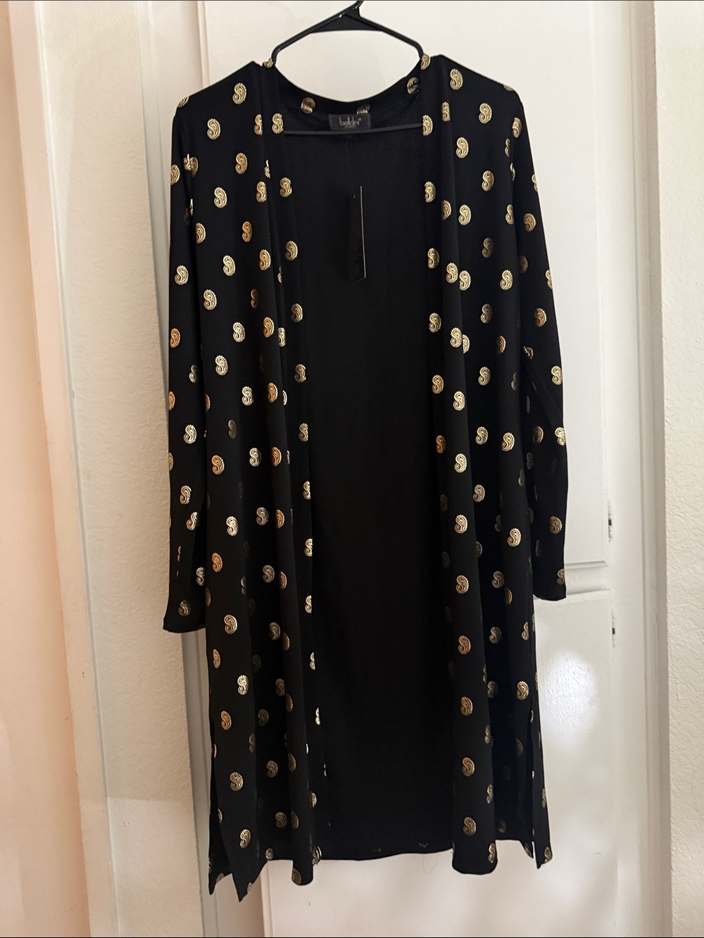 Belldini Black Long Sleeve Midi Dress with Gold Paisley Dot Print